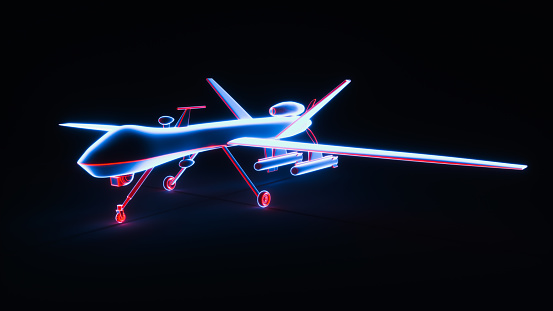 a military drone in neon red blue. 3d renderinga military drone wireframe glowing blue (3d rendering)