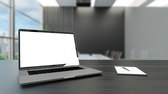 Empty Mock Up Screen Laptop with a Modern Office Background. 3D Render