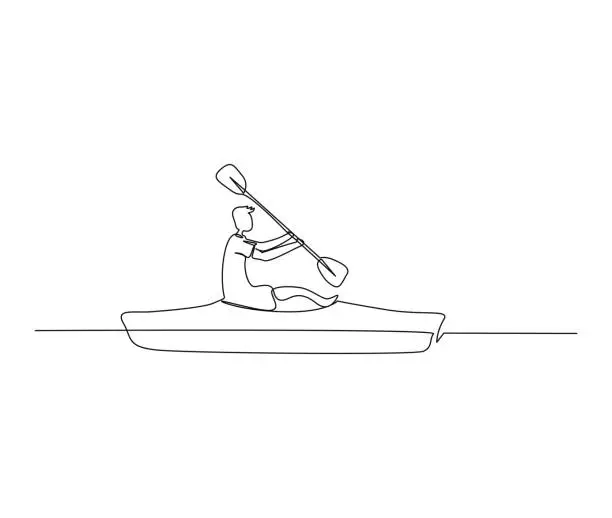 Vector illustration of Continuous one line drawing of young man rafting on kayak or canoe. Canoe line art vector illustration.