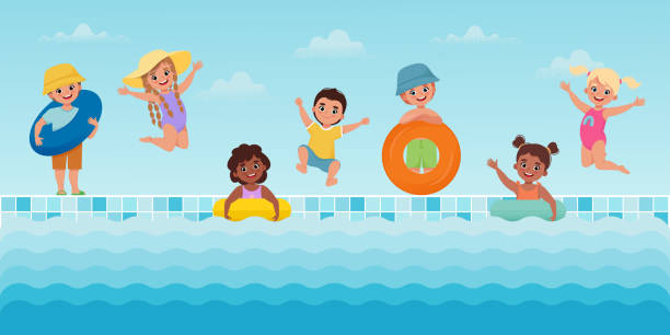 아이들은 수영장 근처에서 점프하고 놀고 있습니다. 여름에 행복한 아이들. 만화 평면 스타일의 벡터 그림 - swimming pool child water park inflatable stock illustrations