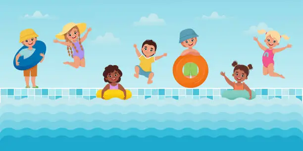 Vector illustration of Kids jumping and playing near the pool. Happy Children in summer. Vector illustration in cartoon flat style