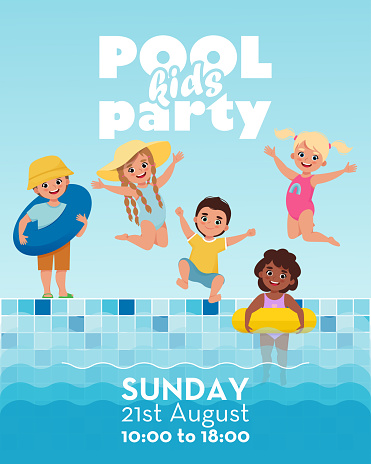 Kids Pool Party Poster. Children swimming in the pool. Cute Vector illustration in cartoon flat style