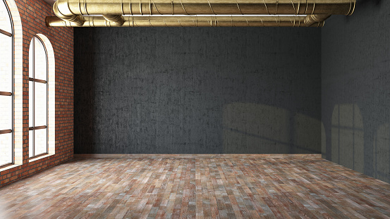 Industrial Style Unfurnished Room with Empty Black Wall. 3D Render