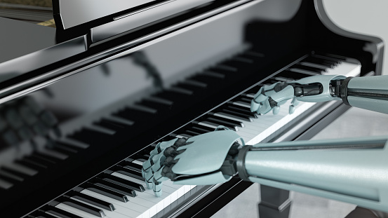 Artificial Intelligence AI Concept Robot Playing Piano.3D Render