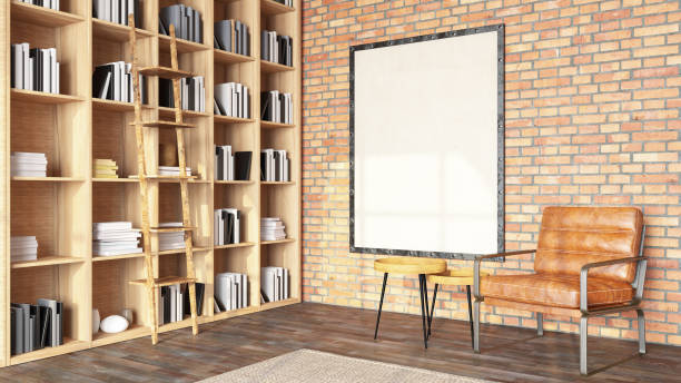 istock Reading Room Interior With Bookshelf, Leather Armchair and Empty Picture Frame 1475864262