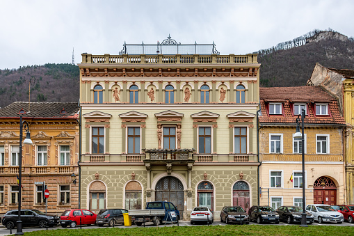 Brasov, Romania. March 15, 2023: Fine buildings in Old town Brasov in Romania