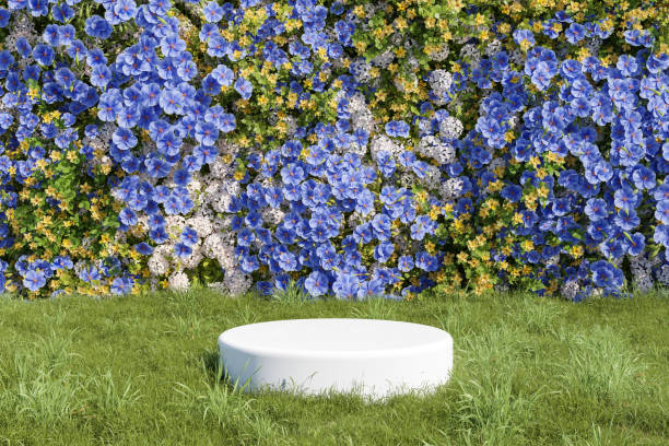 istock Abstract 3d render spring scene and Natural podium background, White stone podium on the grass field, backdrop colorful flowers wall for product display advertising, cosmetic, etc 1475865317