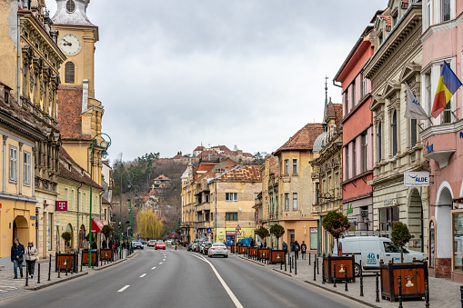 Brasov, Romania. March 15, 2023: Road through old town Brasov in Romania