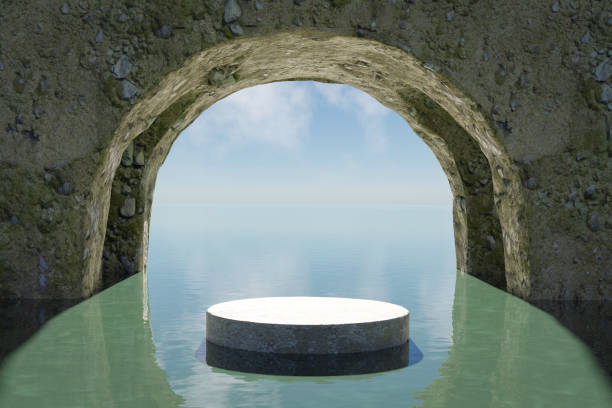 istock Abstract 3d render and Natural podium background, Stone podium on river in underwater stone tunnel backdrop blue sky and cloud for product display advertising or etc 1475865328