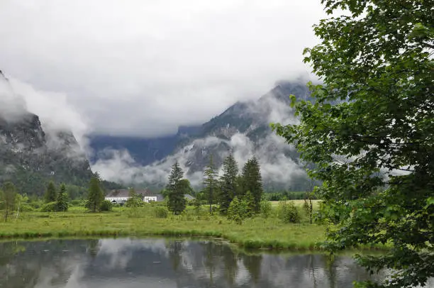 Almsee in Almtal with view to an inn near Grünau in Austria