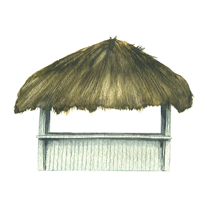 Wooden bungalow, beach bar with dry leaf thatched roof. Watercolor illustration. Isolated object from the CUBA collection. For decoration and design of prints, compositions, beach and vacation