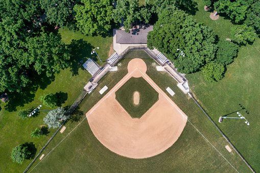 Aerial view of a basebal field in a public park near a suburban residential neighborhood in Northbrook, IL. USA