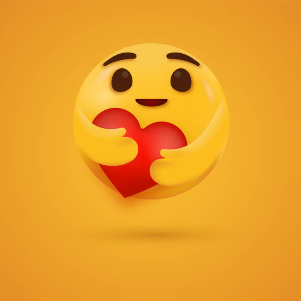 3d heart care emoji face hug heart shape 3d emoji care reaction, smiling hugging emoticon with a red heart and both hands showing care reactions, heart love emojis facebook reactions stock illustrations
