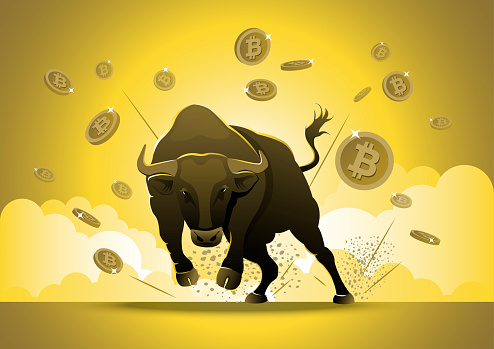 Bitcoin crypto currency bull market, cryptocurrency soaring high record concept for new technology blockchain currency