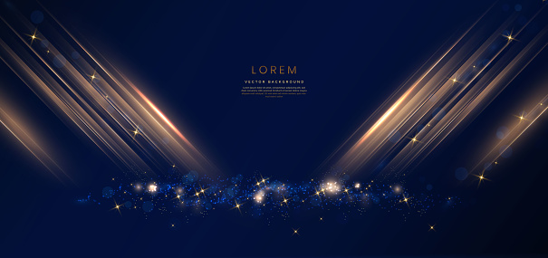 Elegant golden stage diagonal glowing with lighting effect sparkle on dark blue background. Template premium award design. Vector illustration