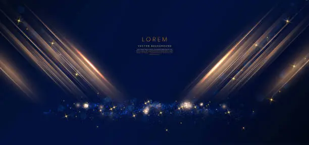 Vector illustration of Elegant golden stage diagonal glowing with lighting effect sparkle on dark blue background. Template premium award design.