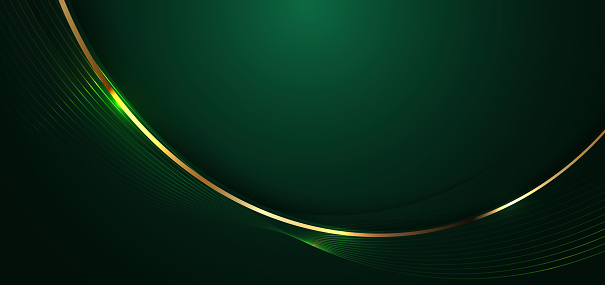 Abstract 3d gold curved line on dark green background with lighting effect and sparkle with copy space for text. Luxury design style. Vector illustration