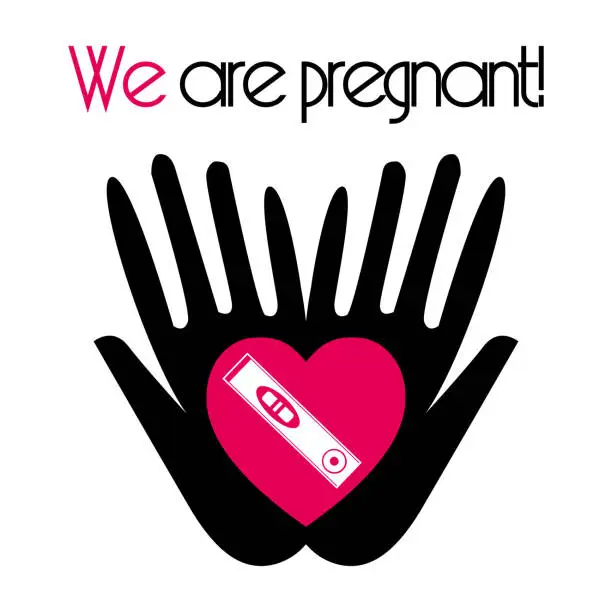 Vector illustration of The concept of planning pregnancy and childbirth in a flat style. Hands with heart and a positive pregnancy test on isolated white background.