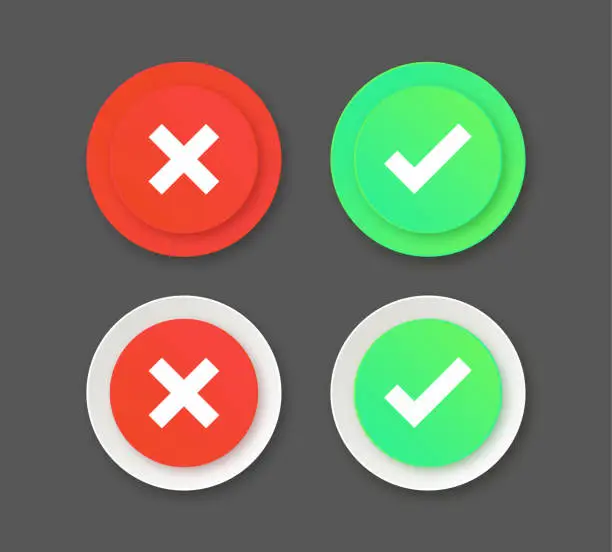 Vector illustration of Check mark icon set with green tick and red cross symbols ,Right and wrong buttons . Validation and refusal icon