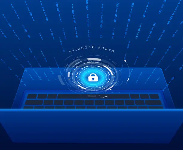 Vector illustration of Technology cyber security data protection. Blue 3D laptop with hud UI system encryption. Binary number encoder privacy software concept vector.