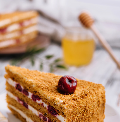 Homemade honey cake with cherry on plate