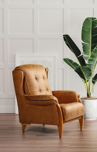 Armchair in modern space and parquet floor and green banana vase