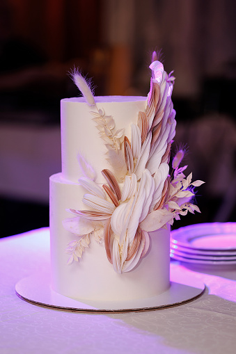 White two tier wedding cake with petals