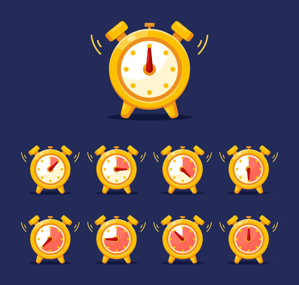 Clock game icons Clock game icons. Vector set of watches, stopwatch, alarm clock with moving arrows sequence frame for mobile application, game, web design, loading process, countdown timer, casino slot.Time animation watch cartoon gold illustration and painting stock illustrations