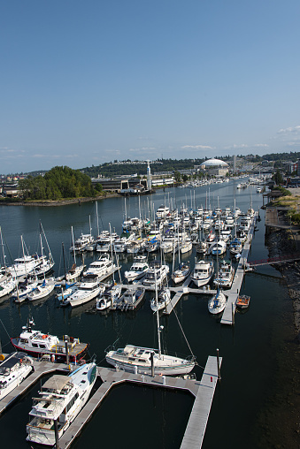 Boats docked along the waterway