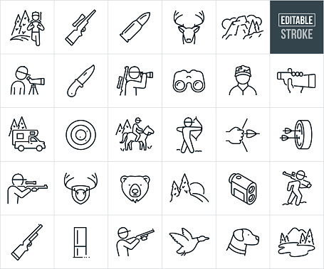 A set of hunting icons that include editable strokes or outlines using the EPS vector file. The icons include a hunter hiking in the mountains with gun and pack on his back, hunting rifle with scope, rifle cartridge, bullet, deer, deer hunting, buck, mountains, hunter looking through spotting scope, hunting knife, hunter looking through binoculars with hunting rifle on back, pair of binoculars, hunter with hat on, hand holding spotting scope, truck camper in the mountains, target with bullet holes, hunter riding horse in mountains, archery hunter drawing bow, bow and arrow, arrows in target, hunter aiming rifle, hunter shooting rifle, antler mount, bear, rangefinder, hunting optics, hunter hiking in mountains with gun on shoulder, shotgun, shotgun shell, hunter shooting shotgun, duck, waterfowl, hunting dog, Labrador retriever and other related icons.