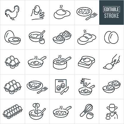 A set of egg icons that include editable strokes or outlines using the EPS vector file. The icons include a chicken, hand holding a chicken egg, fried egg, scrambled eggs on a plate, egg cut in half, eggs and a mixing bowl for baking, deviled eggs, egg, 4 eggs in an egg carton, 6 eggs in an egg carton, 12 eggs in an egg carton, a dozen eggs, egg in frying pan, boiled eggs in a pot, eggs on toast, egg being cut in half with a knife, egg omelet, egg being cracked into a mixing bowl, eggs and a wire whisk and a farmer holding an egg.