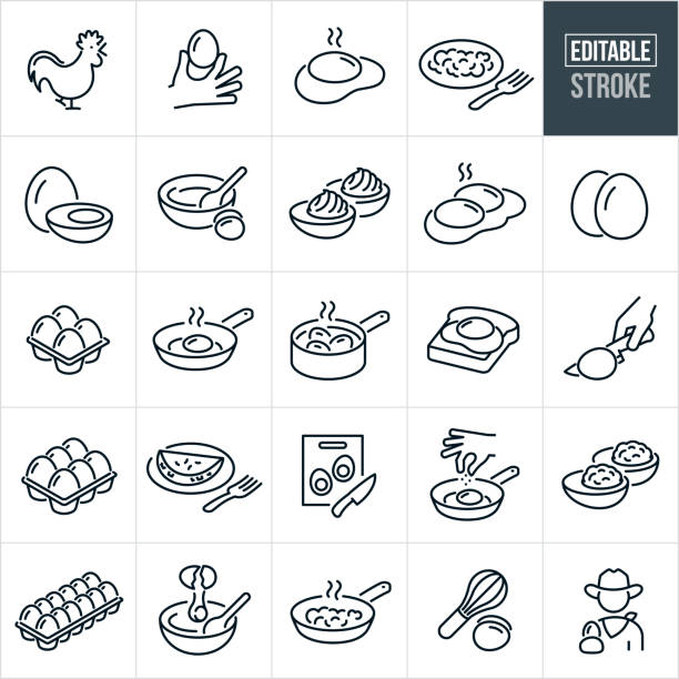 Eggs Thin Line Icons - Editable Stroke A set of egg icons that include editable strokes or outlines using the EPS vector file. The icons include a chicken, hand holding a chicken egg, fried egg, scrambled eggs on a plate, egg cut in half, eggs and a mixing bowl for baking, deviled eggs, egg, 4 eggs in an egg carton, 6 eggs in an egg carton, 12 eggs in an egg carton, a dozen eggs, egg in frying pan, boiled eggs in a pot, eggs on toast, egg being cut in half with a knife, egg omelet, egg being cracked into a mixing bowl, eggs and a wire whisk and a farmer holding an egg. half dozen stock illustrations