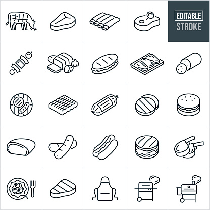 A set of beef steaks, meats and cuts icons that include editable strokes or outlines using the EPS vector file. The icons include a beef cow, beef cuts, t-bone steak, beef ribs, beef steak with thermometer, shish kabob with beef, beef roast with vegetables, Philly cheesesteak, retail package of beef steaks, beef sausage, hamburger and beef hotdog being grilled on grill, ground beef, package of ground beef, hamburger patty, hamburger on bun, rump roast, hot dogs, hot dog on bun, bacon wrapped steak, filet mignon, cowboy steak, beef meatball on pasta, grilled steak, chefs apron, BBQ grill and a smoker grill.