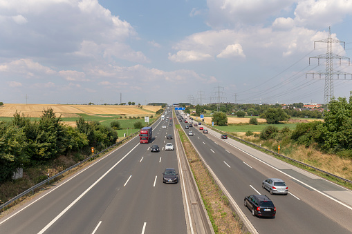 Frankfurt, Germany - July 23, 2018:  german autobahn traffic on the a5 highway near Frankfurt direction Kassel.