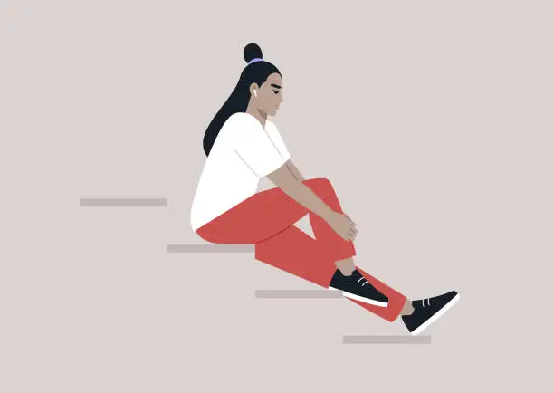 Vector illustration of Young female Asian character sitting on the stairs, lost in the music streaming through their earphones
