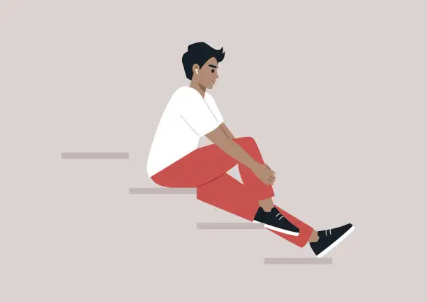 Vector illustration of Young male Caucasian character sitting on the stairs, lost in the music streaming through their earphones