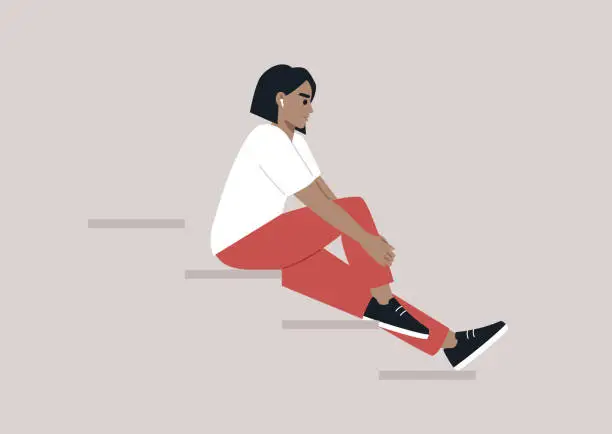 Vector illustration of Young female Caucasian character sitting on the stairs, lost in the music streaming through their earphones