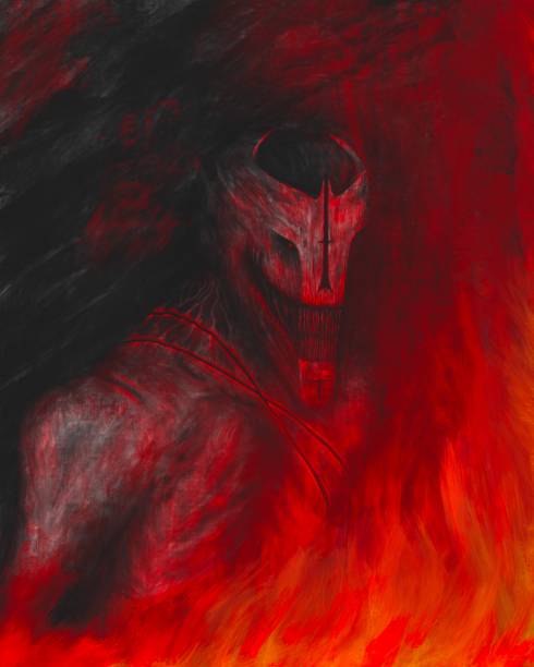 istock Demonic creature with big scary teeth, horror illustration, fire, blood and wounds 1475892583