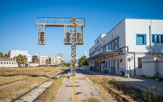 Train signalling equipment at the end of the platform at Sousse railway station in Tunisia.