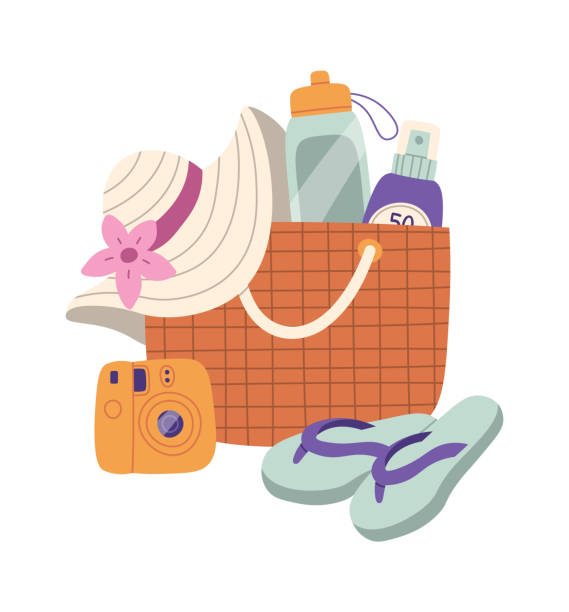 Beach Bag With Summer Clothes Beach Bag With Summer Clothes Vector Illustration beach bag stock illustrations