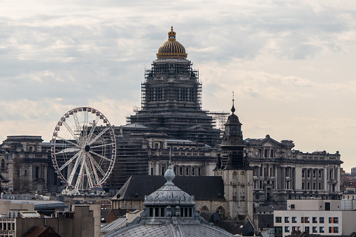 Brussels, Belgium, March 17, 2023. Courthouse and Ferris wheel from the roof of the new administrative center of the City of Brussels, Brucity.