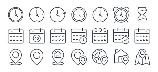 stockillustraties, clipart, cartoons en iconen met time, date and address concept editable stroke outline icons set isolated on white background flat vector illustration. pixel perfect. 64 x 64. - clock