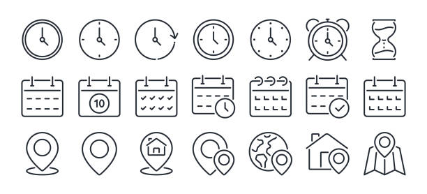bildbanksillustrationer, clip art samt tecknat material och ikoner med time, date and address concept editable stroke outline icons set isolated on white background flat vector illustration. pixel perfect. 64 x 64. - data