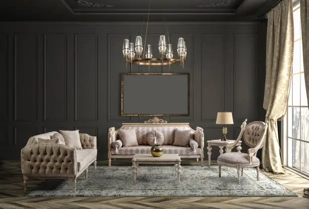 3D rendering of neoclassical living room interior. furniture set