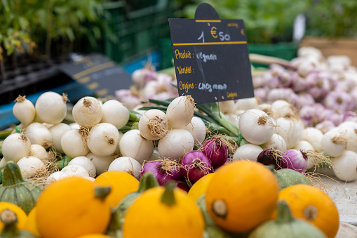 A close-up of beautiful organic from local produce in a market in a small town in the south of France.
