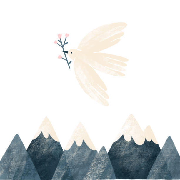 Mountain peaks an a white dove with flowers illustration - ilustração de arte vetorial