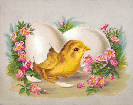 Illustration shows a baby chick hatching from an egg with flowers and another egg nearby. Painted in soft pastel colors, this Easter scene depicts new life emerging in the springtime, perfectly capturing the spirit of Easter.