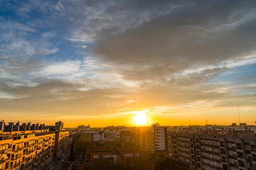 Golden hours shot of neighborhood in Valencia, Spain. High resolution 42Mp outdoors digital capture taken with Sony A7rII and Zeiss Batis 25mm F2.0 lens