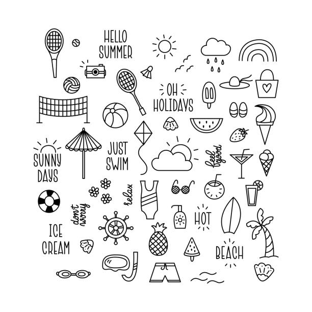 Summer Doodle Collection. Editable Stroke Outline. Summer Doodle Collection. Editable Stroke Outline. Summer and Beach Design Elements and Lettering in Doodle Style. cartoon of a swimming goggles stock illustrations