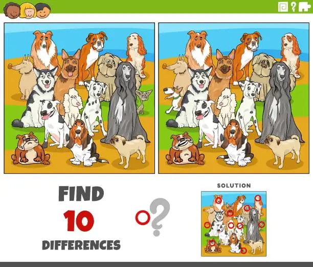 Vector illustration of differences game with cartoon purebred dogs